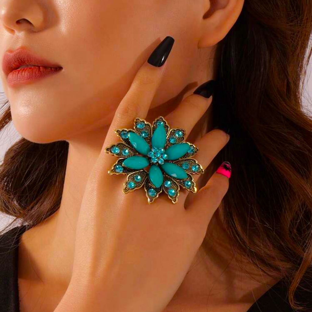 Teal Vintage Bohemian Style Flower Ring